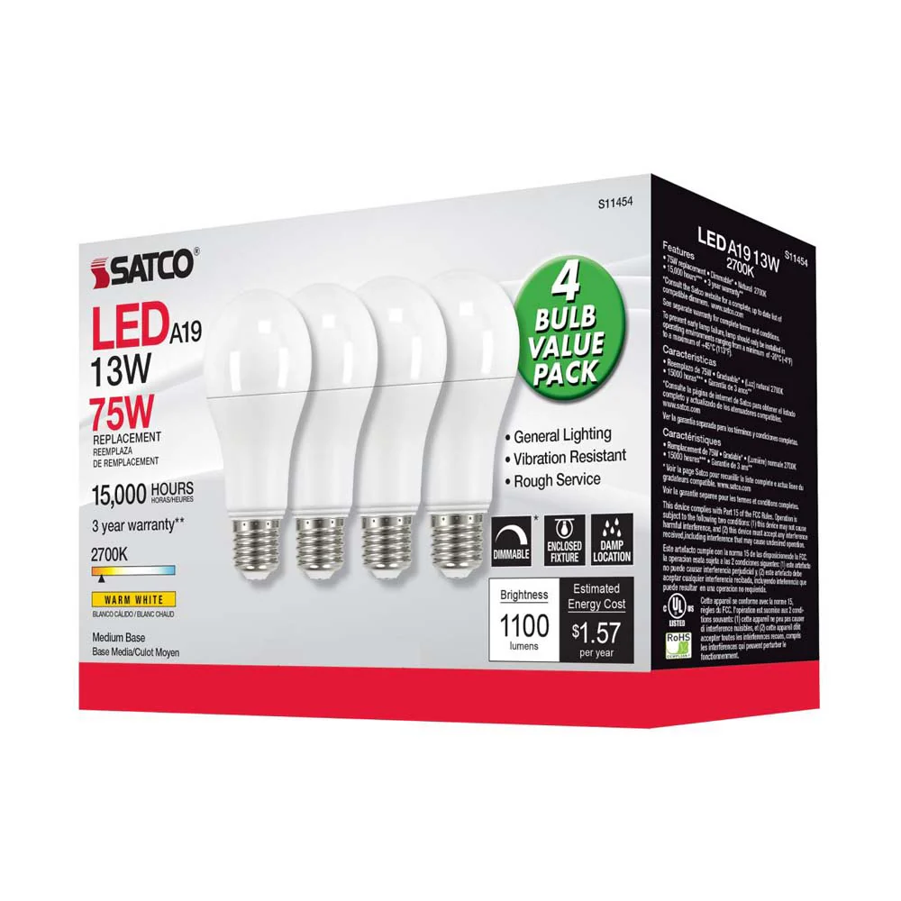 4Pk - 13W A19 LED 2700K Dimmable Medium base 230 deg. Beam Angle - 75w equiv - Image 6