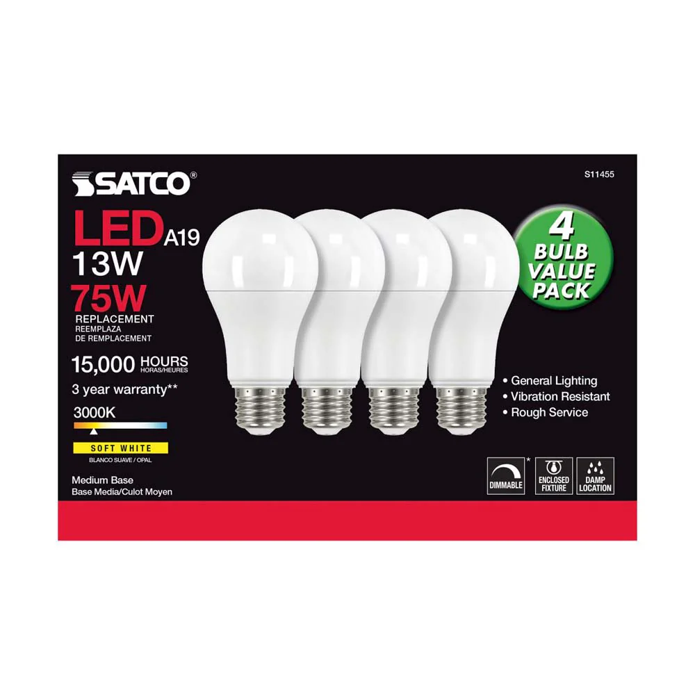4Pk - 13W A19 LED 3000K Dimmable Medium base 230 deg. Beam Angle - 75w equiv - Image 3
