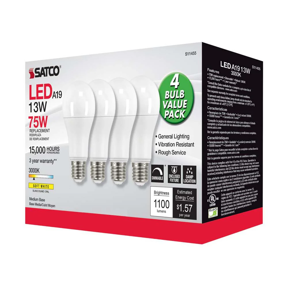 4Pk - 13W A19 LED 3000K Dimmable Medium base 230 deg. Beam Angle - 75w equiv - Image 6