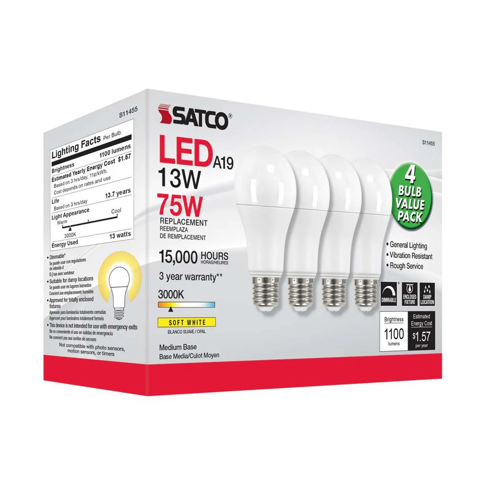 4Pk - 13W A19 LED 3000K Dimmable Medium base 230 deg. Beam Angle - 75w equiv - Image 7