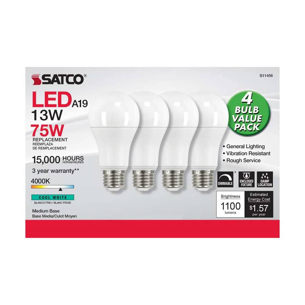 4Pk - 13W A19 LED 4000K Dimmable Medium base 230 deg. Beam Angle - 75w equiv - Image 2