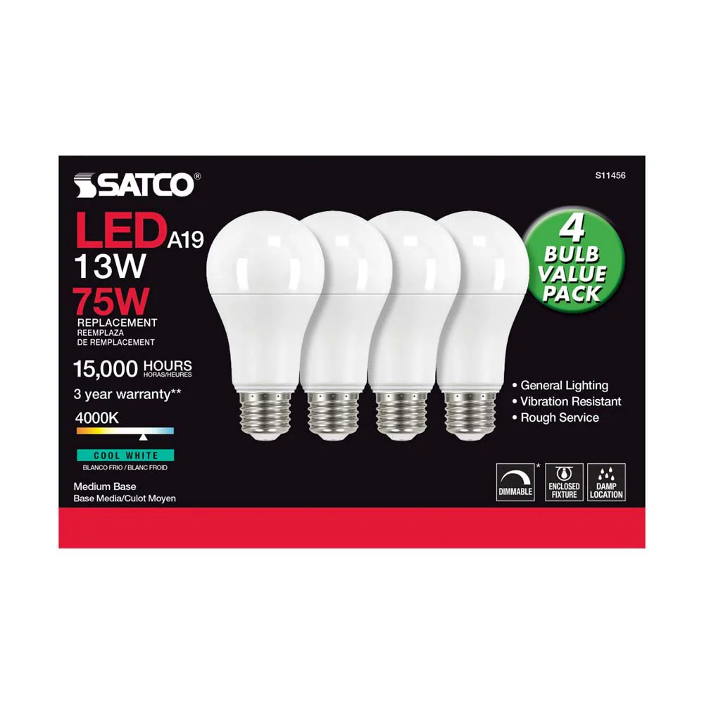 4Pk - 13W A19 LED 4000K Dimmable Medium base 230 deg. Beam Angle - 75w equiv - Image 3