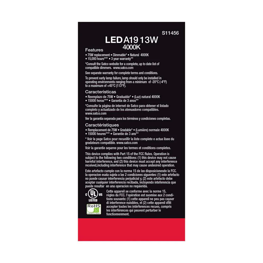 4Pk - 13W A19 LED 4000K Dimmable Medium base 230 deg. Beam Angle - 75w equiv - Image 4