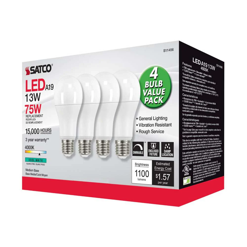 4Pk - 13W A19 LED 4000K Dimmable Medium base 230 deg. Beam Angle - 75w equiv - Image 6