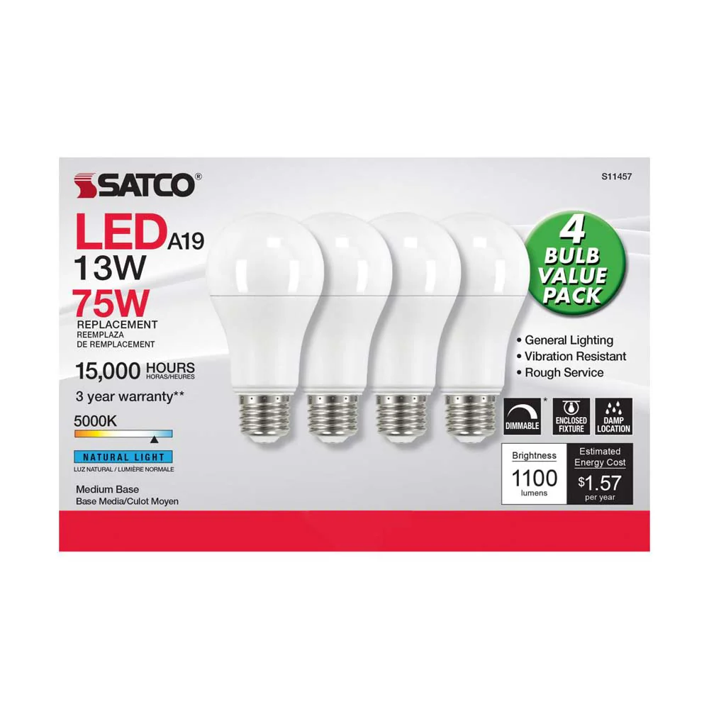 4Pk - 13W A19 LED 5000K Dimmable Medium base 230 deg. Beam Angle - 75w equiv - Image 2