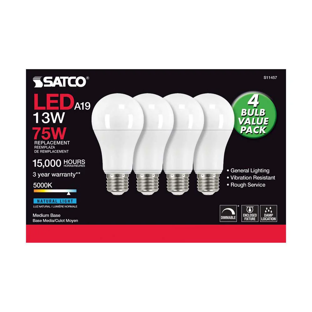 4Pk - 13W A19 LED 5000K Dimmable Medium base 230 deg. Beam Angle - 75w equiv - Image 3