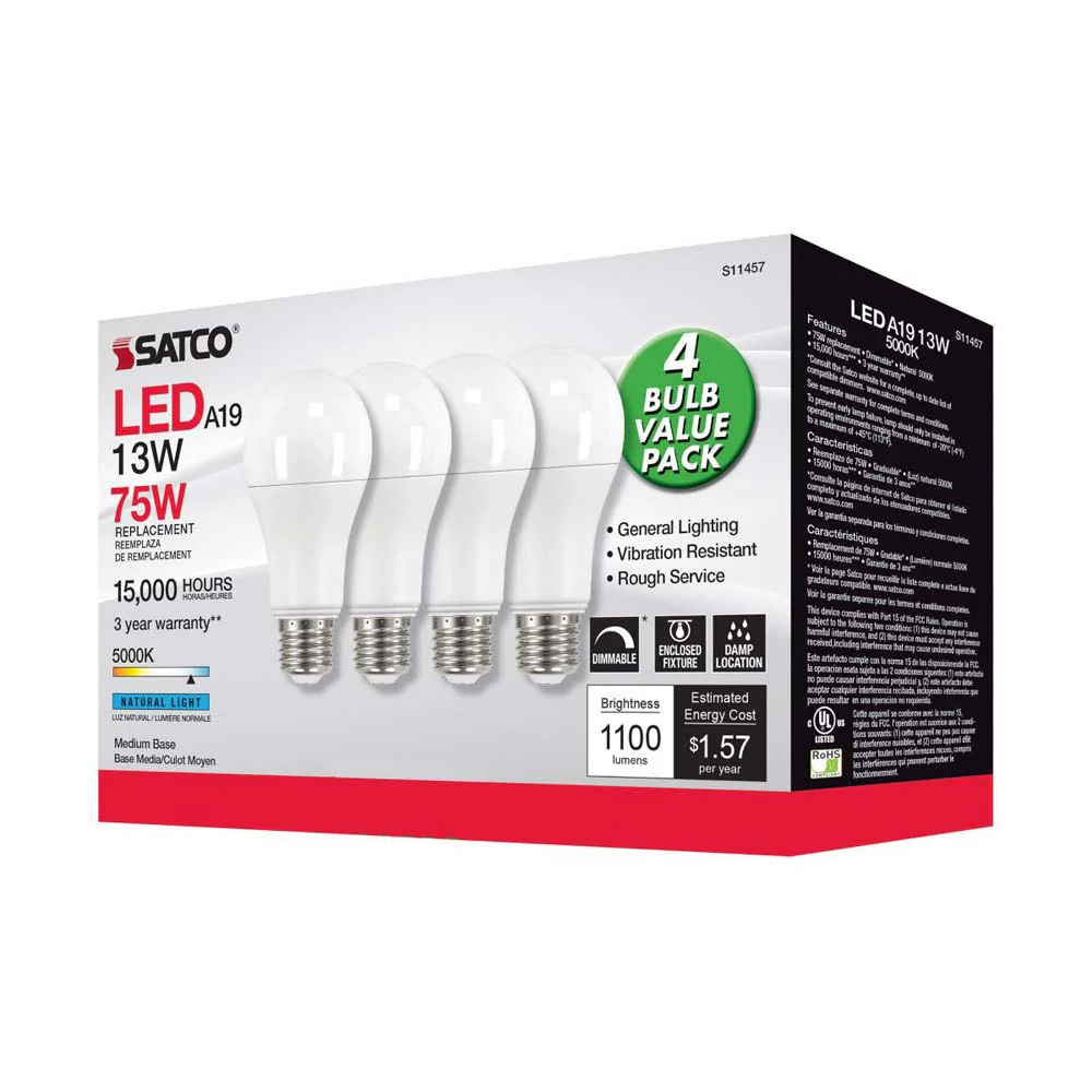 4Pk - 13W A19 LED 5000K Dimmable Medium base 230 deg. Beam Angle - 75w equiv - Image 6
