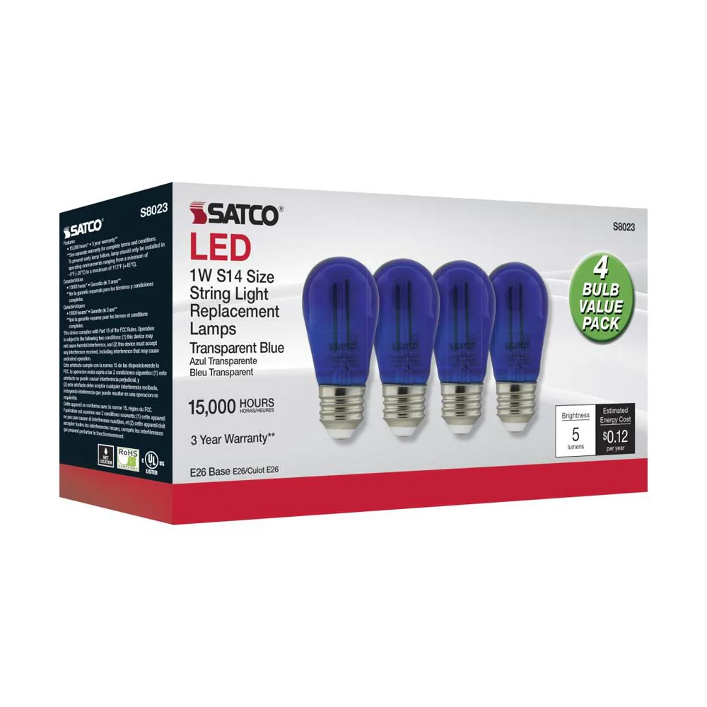 4Pk - 1W S14 LED Filament Blue Transparent Glass Bulb E26 Base 120v - Image 3