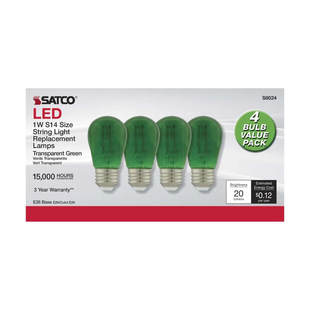 4Pk - 1W S14 LED Filament Green Transparent Glass Bulb E26 Base 120v - Image 2