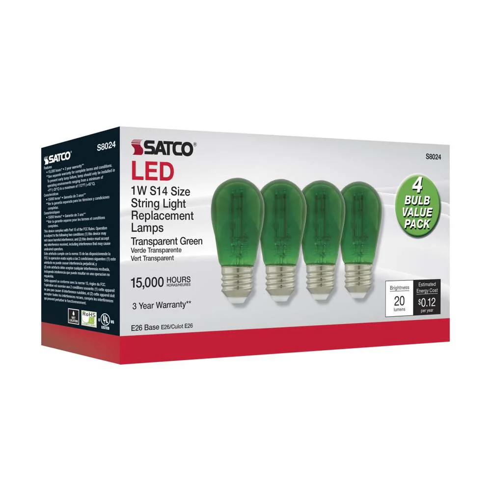 4Pk - 1W S14 LED Filament Green Transparent Glass Bulb E26 Base 120v - Image 3