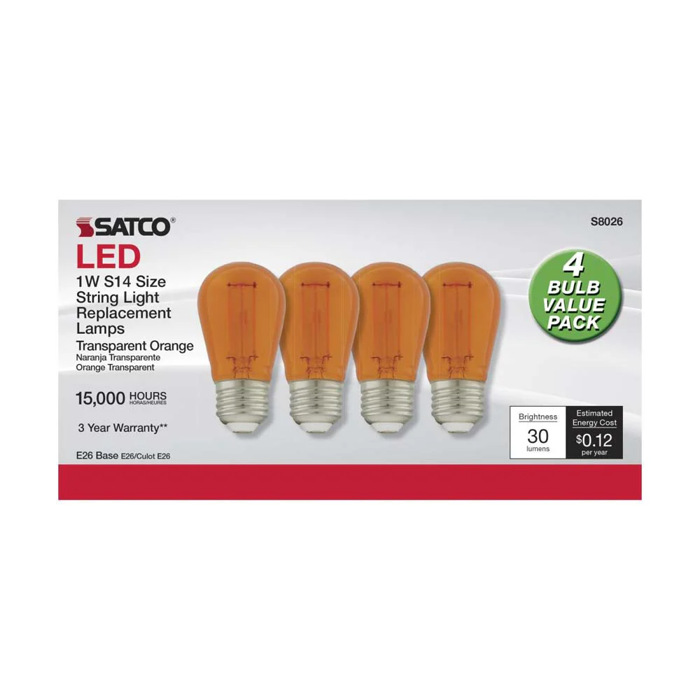 4Pk - 1W S14 LED Filament Orange Transparent Glass Bulb E26 Base 120v - Image 2