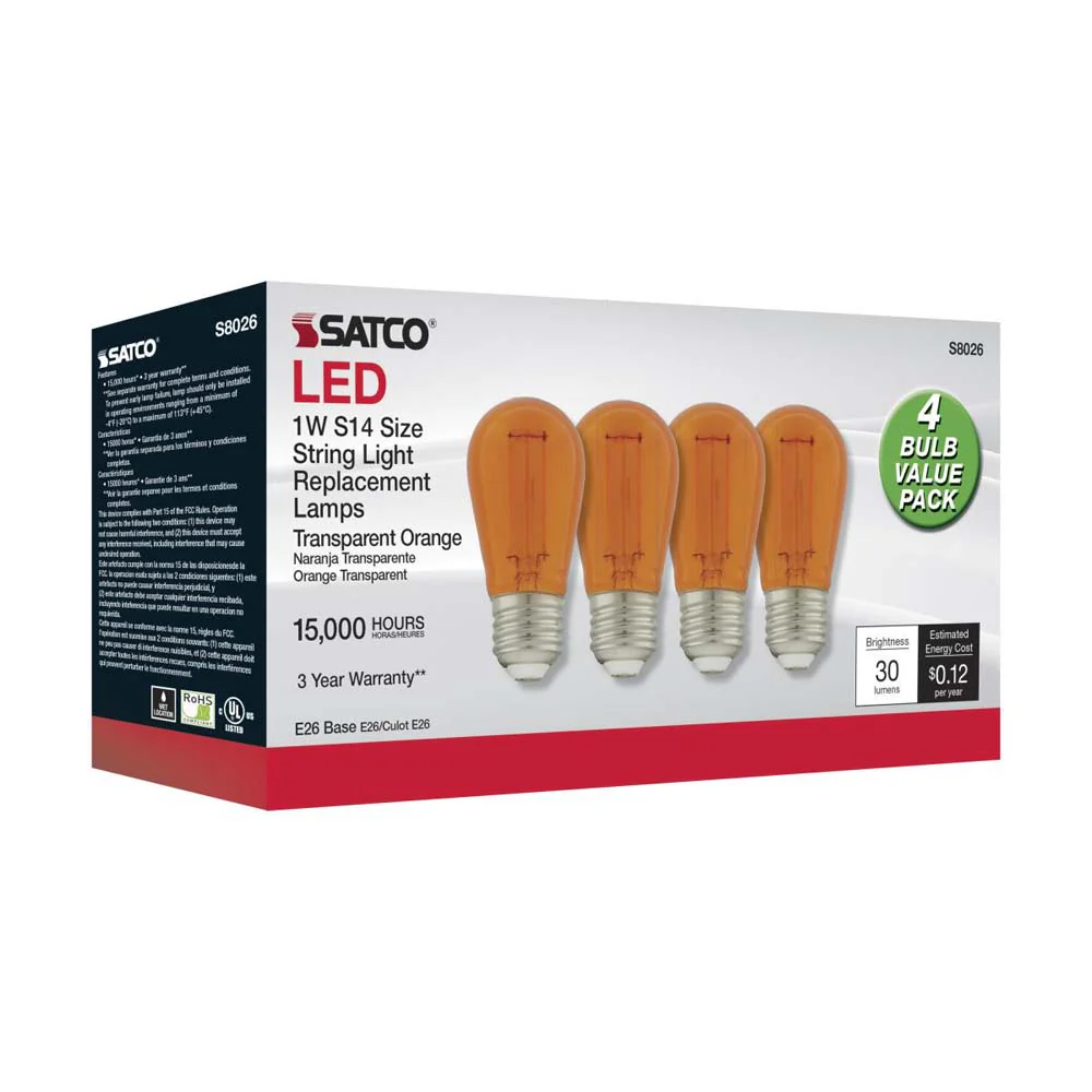 4Pk - 1W S14 LED Filament Orange Transparent Glass Bulb E26 Base 120v - Image 3