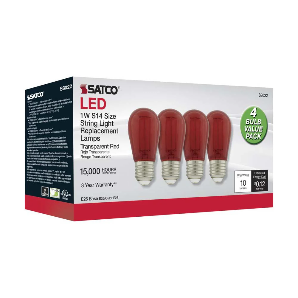 4Pk - 1W S14 LED Filament Red Transparent Glass Bulb E26 Base 120v - Image 3