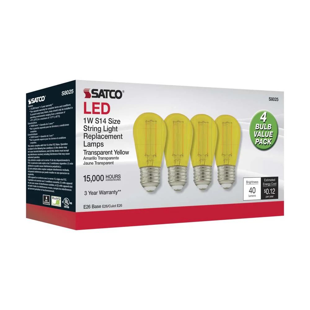 4Pk - 1W S14 LED Filament Yellow Transparent Glass Bulb E26 Base 120v - Image 3