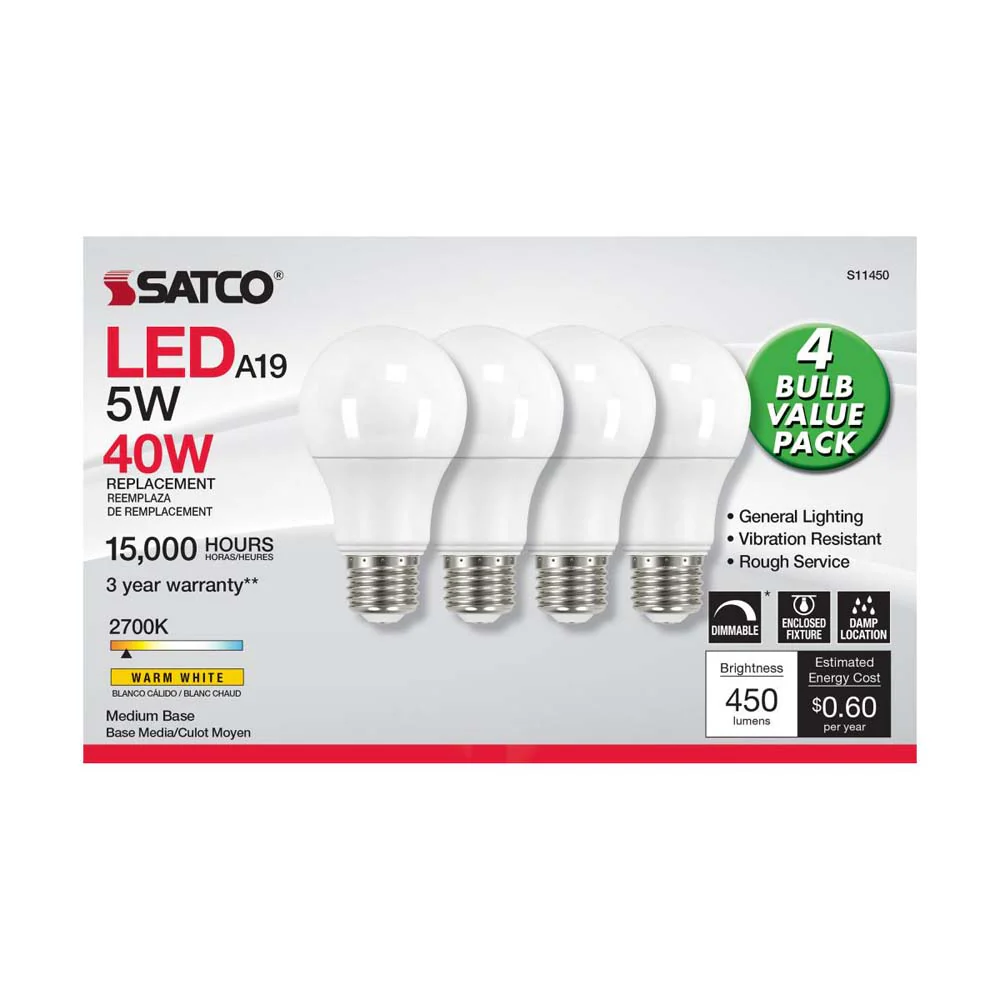 4Pk - 5W A19 LED 2700K Dimmable E26 Medium base 230 deg. Beam Angle - 40w equiv - Image 2