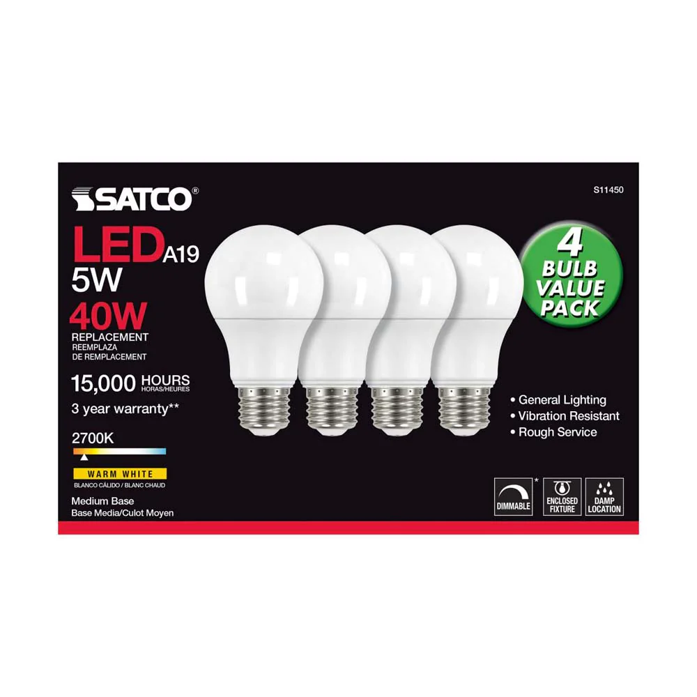 4Pk - 5W A19 LED 2700K Dimmable E26 Medium base 230 deg. Beam Angle - 40w equiv - Image 3