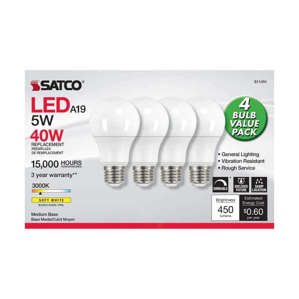 4Pk - 5W A19 LED 3000K Dimmable E26 Medium base 230 deg. Beam Angle - 40w equiv - Image 2