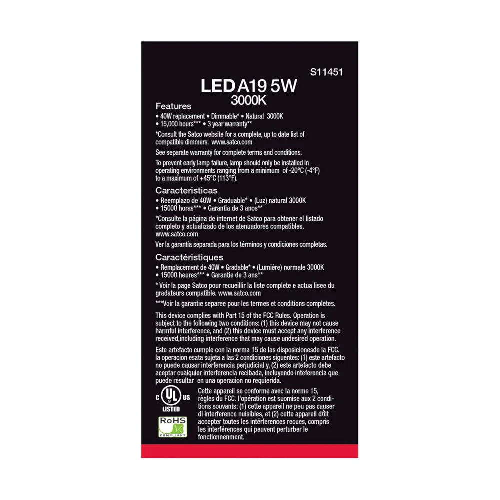 4Pk - 5W A19 LED 3000K Dimmable E26 Medium base 230 deg. Beam Angle - 40w equiv - Image 4