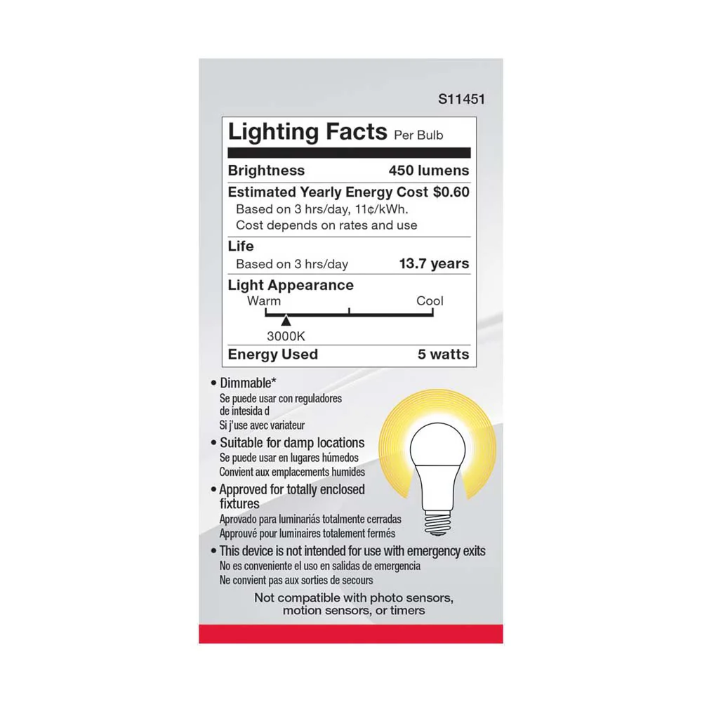 4Pk - 5W A19 LED 3000K Dimmable E26 Medium base 230 deg. Beam Angle - 40w equiv - Image 5