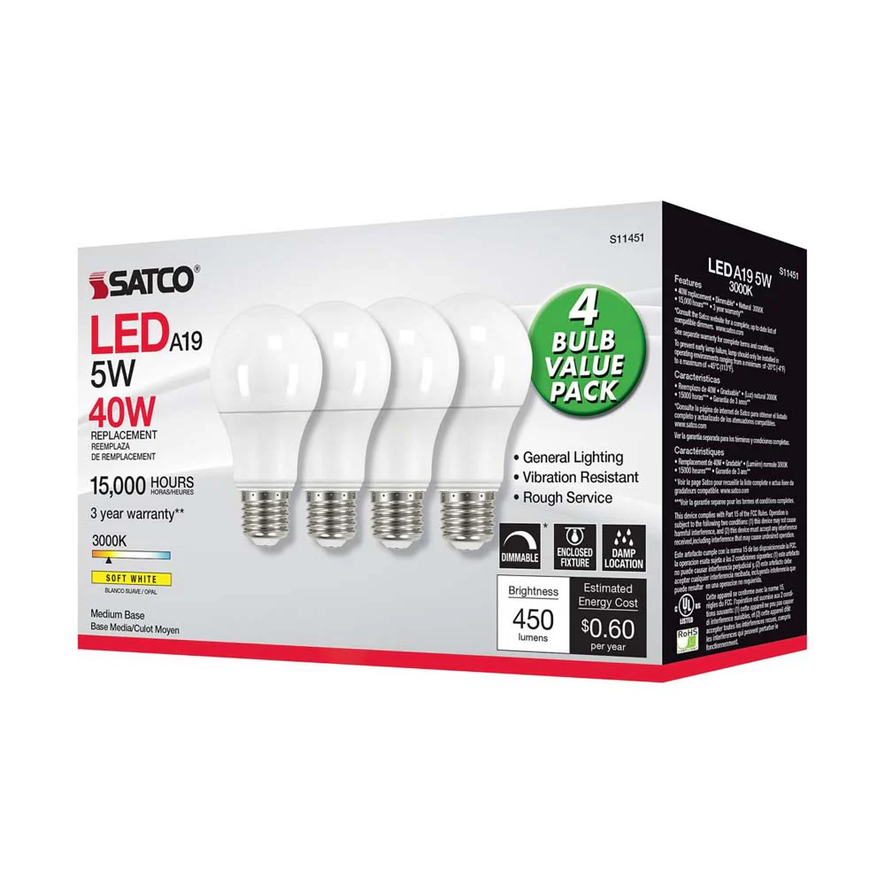 4Pk - 5W A19 LED 3000K Dimmable E26 Medium base 230 deg. Beam Angle - 40w equiv - Image 6
