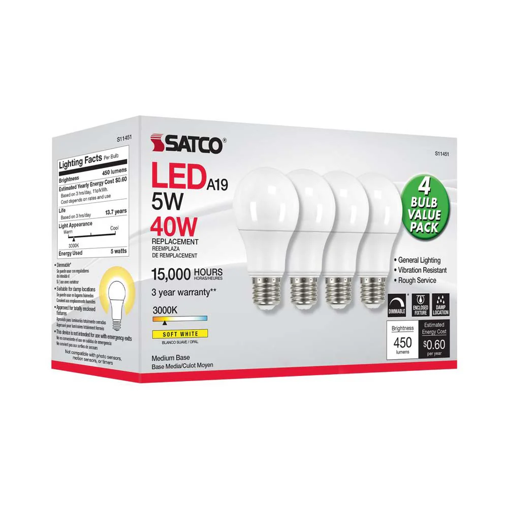 4Pk - 5W A19 LED 3000K Dimmable E26 Medium base 230 deg. Beam Angle - 40w equiv - Image 7