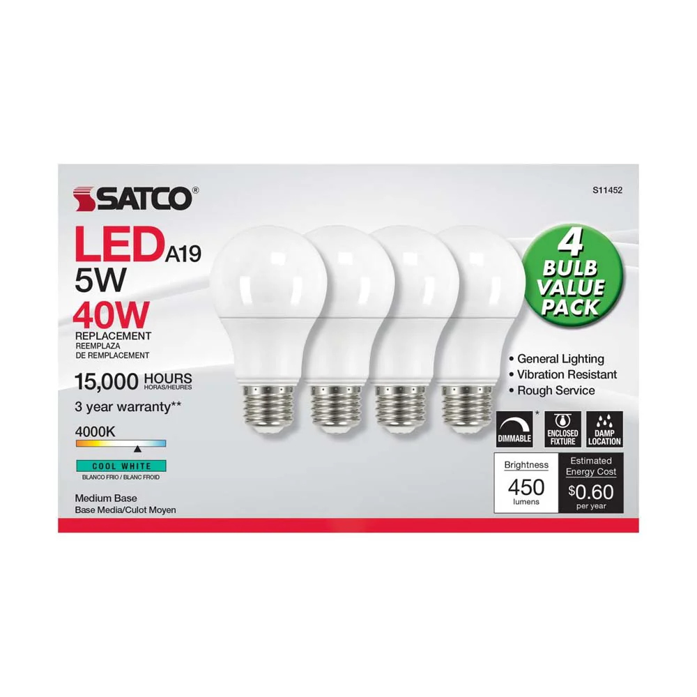4Pk - 5W A19 LED 4000K Dimmable E26 Medium base 230 deg. Beam Angle - 40w equiv - Image 2