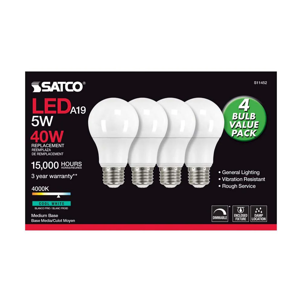 4Pk - 5W A19 LED 4000K Dimmable E26 Medium base 230 deg. Beam Angle - 40w equiv - Image 3