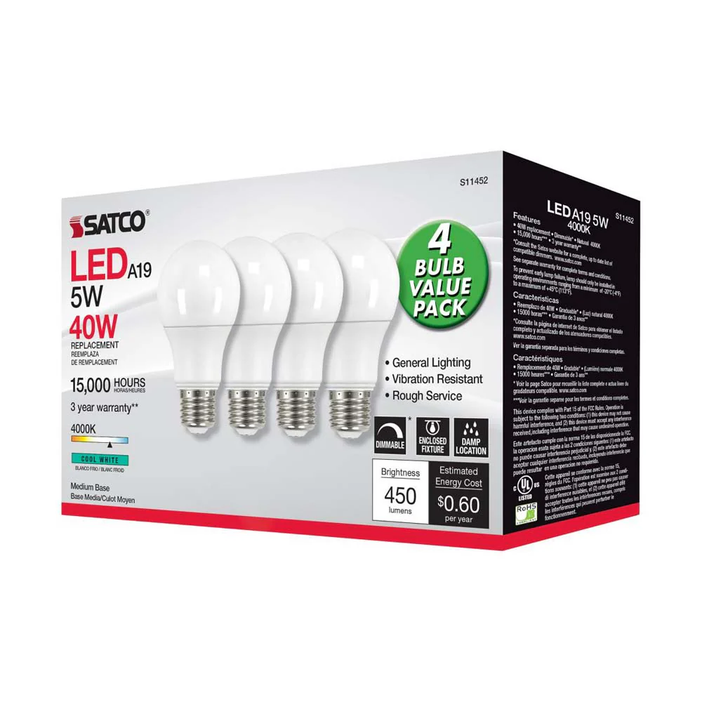 4Pk - 5W A19 LED 4000K Dimmable E26 Medium base 230 deg. Beam Angle - 40w equiv - Image 6