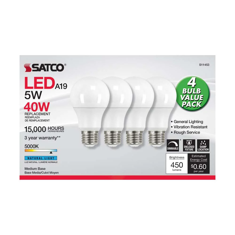 4Pk - 5W A19 LED 5000K Dimmable E26 Medium base 230 deg. Beam Angle - 40w equiv - Image 2