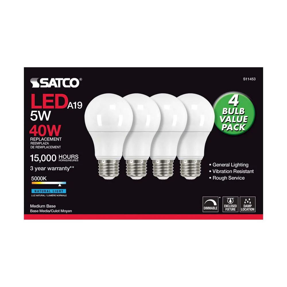 4Pk - 5W A19 LED 5000K Dimmable E26 Medium base 230 deg. Beam Angle - 40w equiv - Image 3