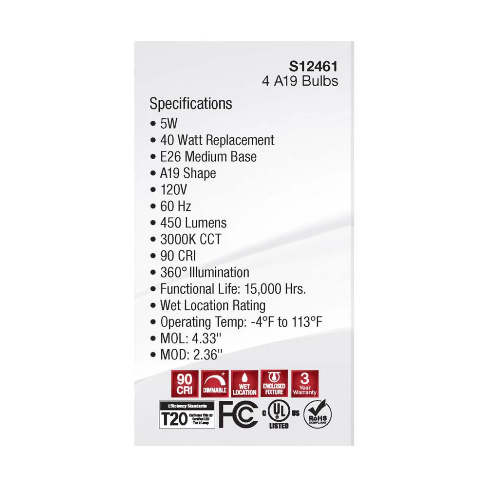 4Pk - 5W A19 LED Clear Soft White 3000K E26 Medium Base 120v - 40W equiv - Image 6