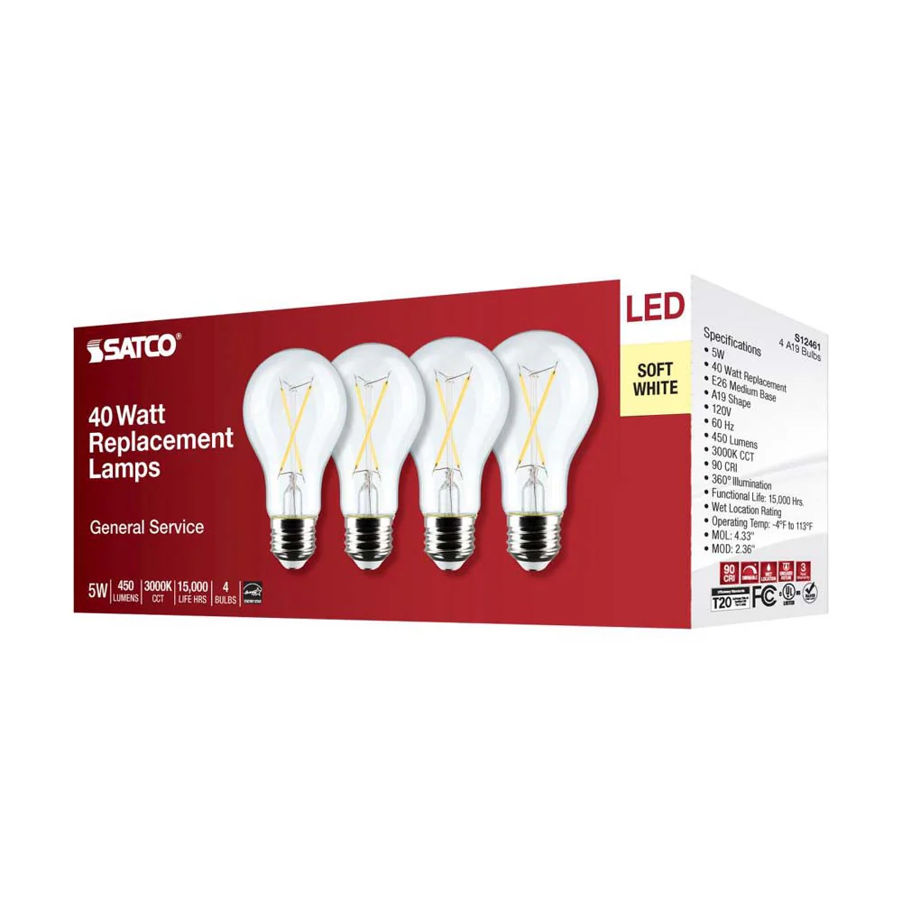 4Pk - 5W A19 LED Clear Soft White 3000K E26 Medium Base 120v - 40W equiv - Image 7