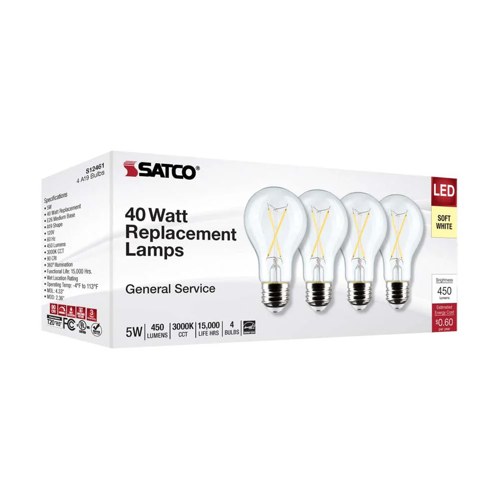 4Pk - 5W A19 LED Clear Soft White 3000K E26 Medium Base 120v - 40W equiv - Image 8