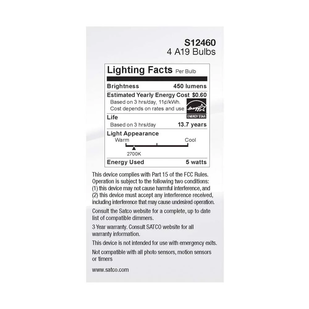 4Pk - 5W A19 LED Clear Warm White 2700K E26 Medium Base 120v - 40W equiv - Image 5