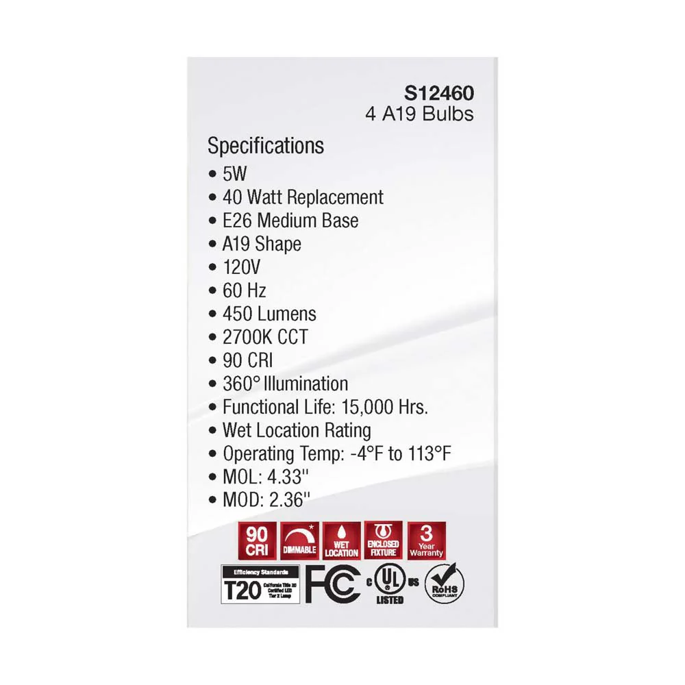 4Pk - 5W A19 LED Clear Warm White 2700K E26 Medium Base 120v - 40W equiv - Image 6