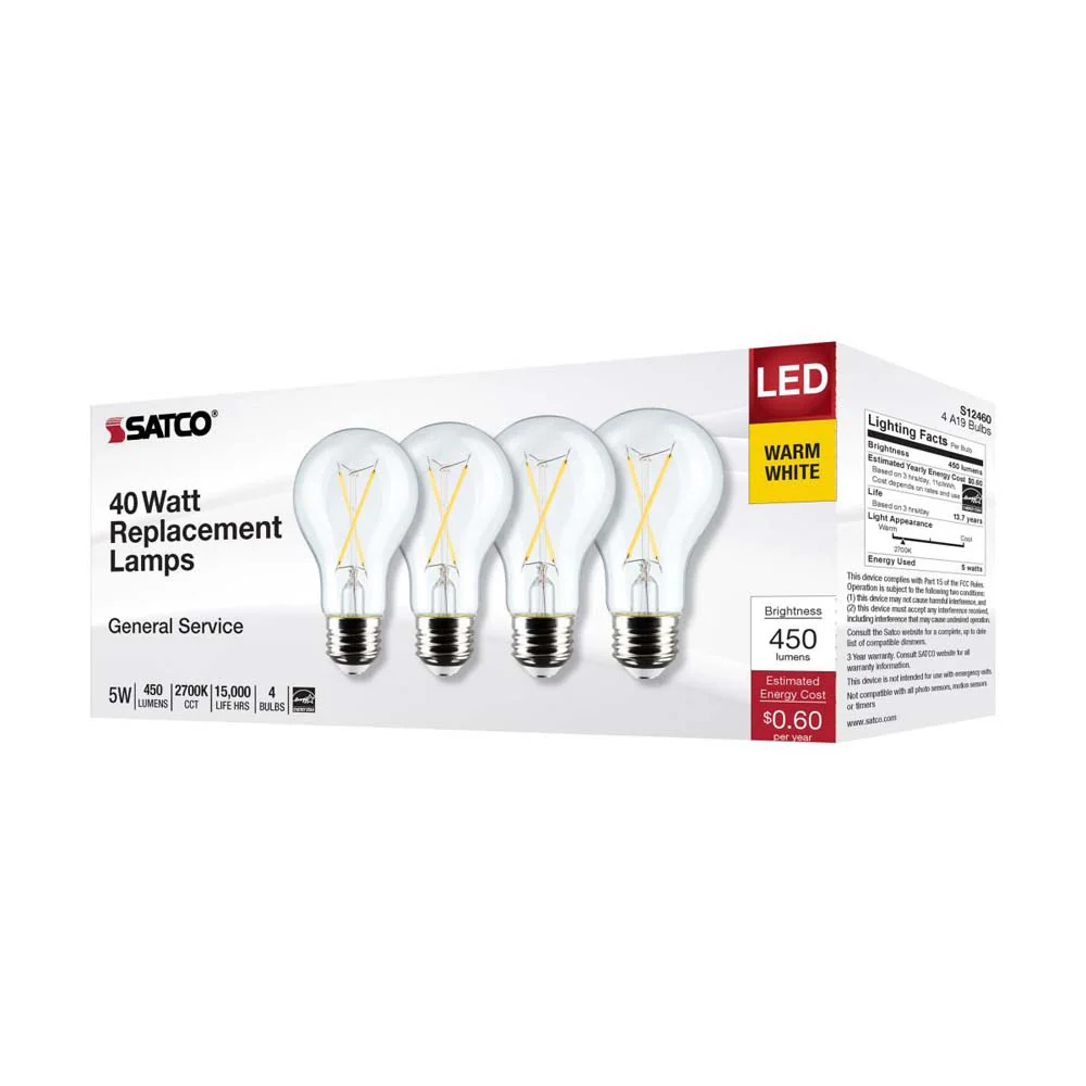 4Pk - 5W A19 LED Clear Warm White 2700K E26 Medium Base 120v - 40W equiv - Image 7