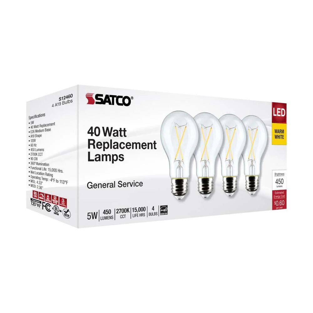4Pk - 5W A19 LED Clear Warm White 2700K E26 Medium Base 120v - 40W equiv - Image 8