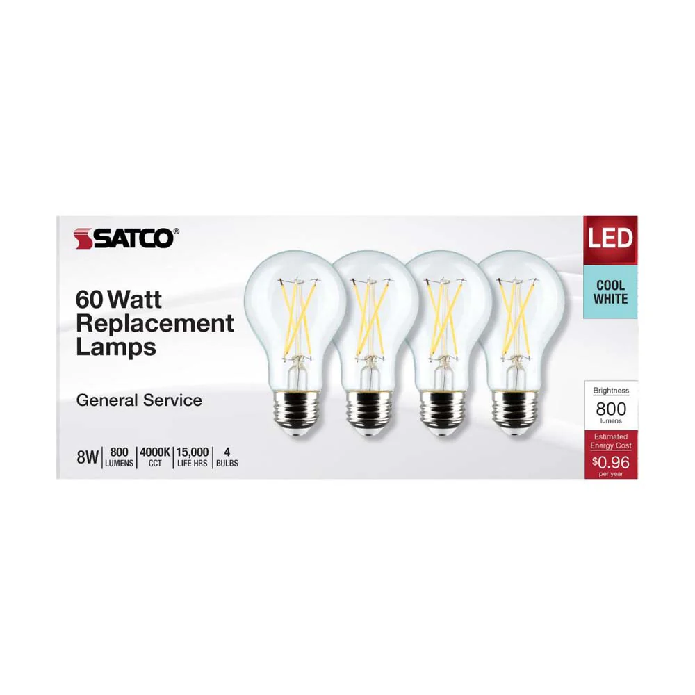 4Pk - 8W A19 LED Clear Cool White 4000K Medium Base 120v - 60W equiv - Image 3