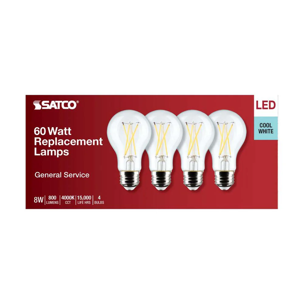 4Pk - 8W A19 LED Clear Cool White 4000K Medium Base 120v - 60W equiv - Image 4