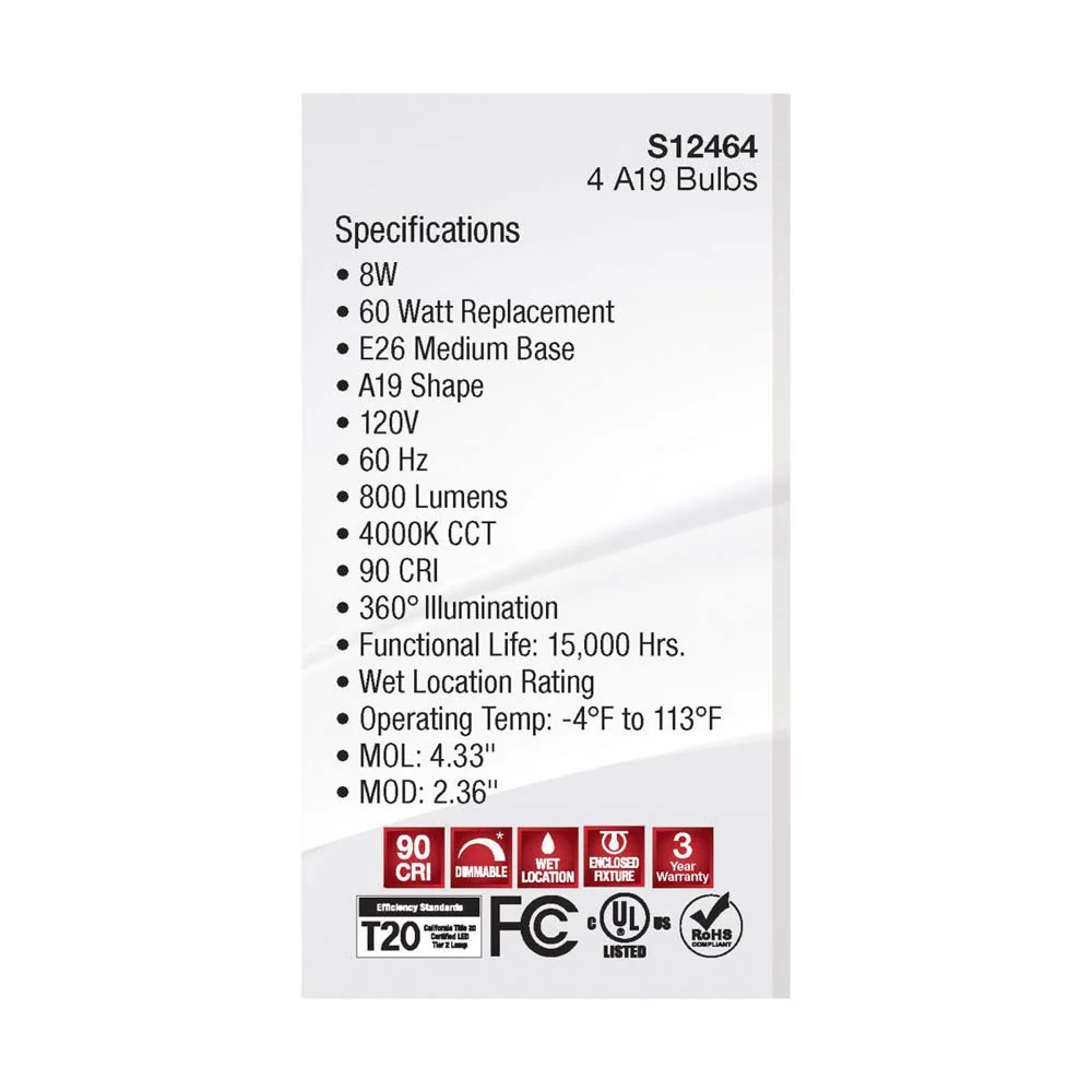 4Pk - 8W A19 LED Clear Cool White 4000K Medium Base 120v - 60W equiv - Image 6