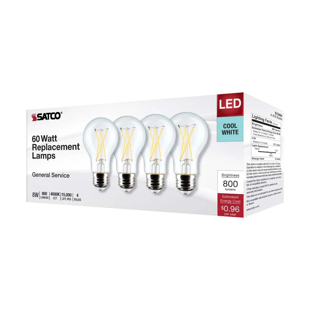 4Pk - 8W A19 LED Clear Cool White 4000K Medium Base 120v - 60W equiv - Image 7