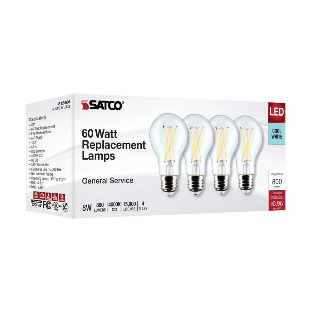 4Pk - 8W A19 LED Clear Cool White 4000K Medium Base 120v - 60W equiv - Image 8