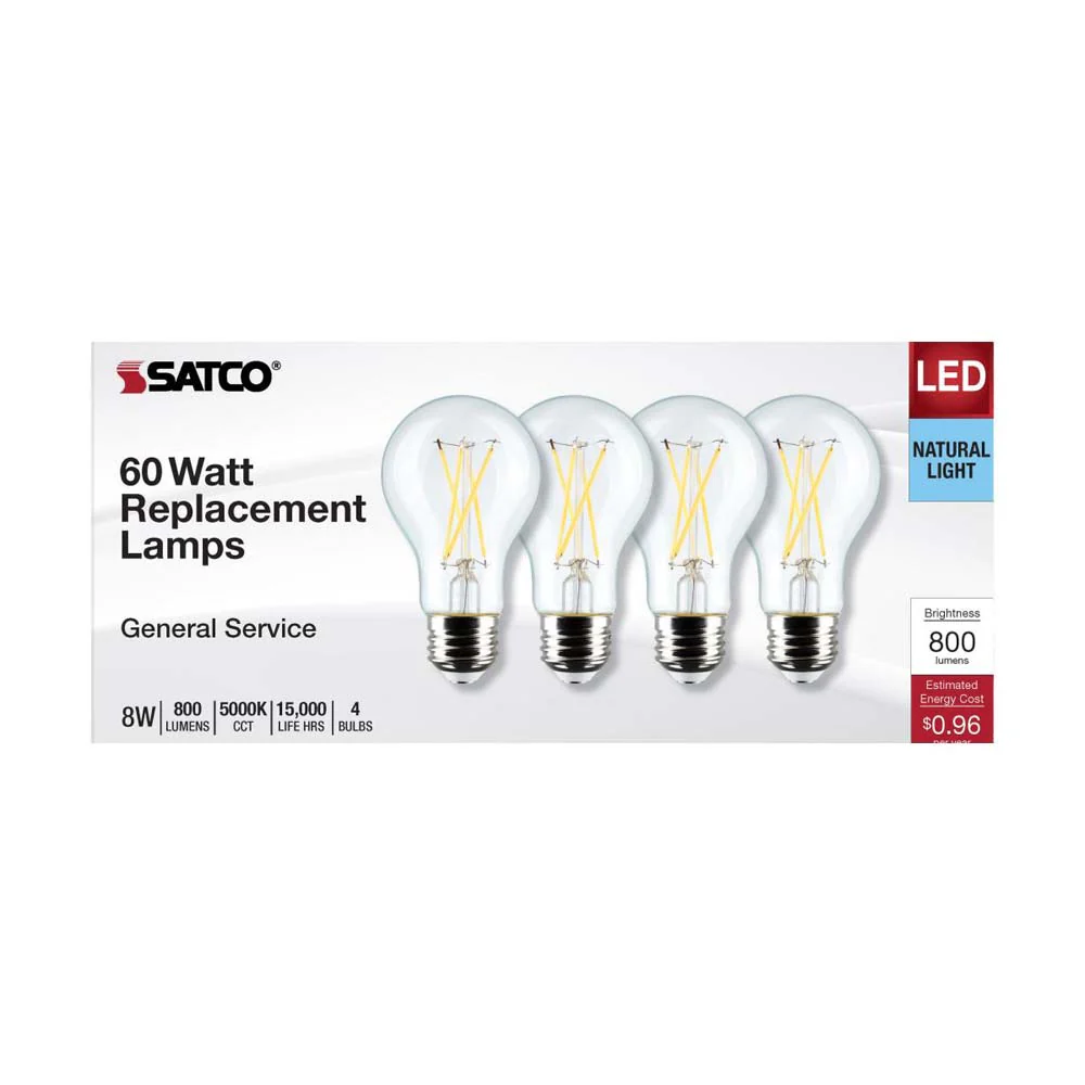 4Pk - 8W A19 LED Clear Natural Light 5000K Medium Base 120v - 60W equiv - Image 3