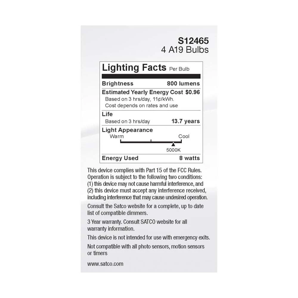 4Pk - 8W A19 LED Clear Natural Light 5000K Medium Base 120v - 60W equiv - Image 5