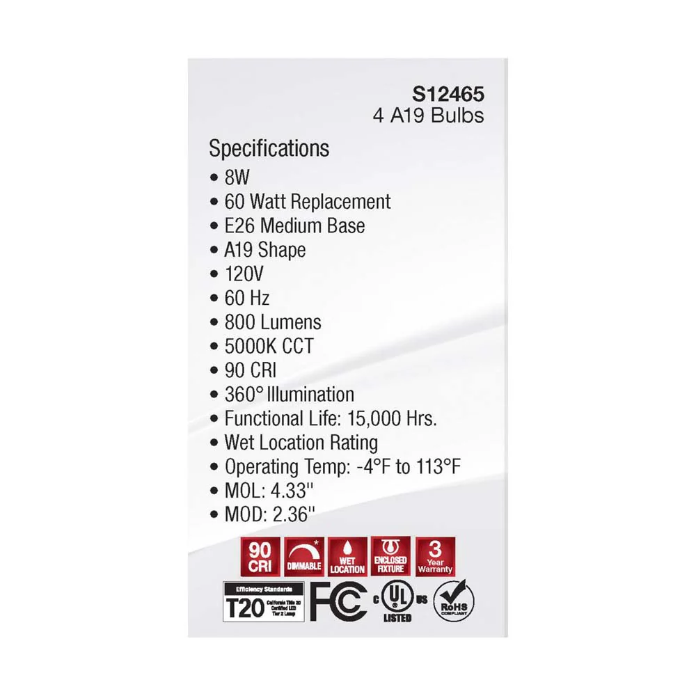 4Pk - 8W A19 LED Clear Natural Light 5000K Medium Base 120v - 60W equiv - Image 6