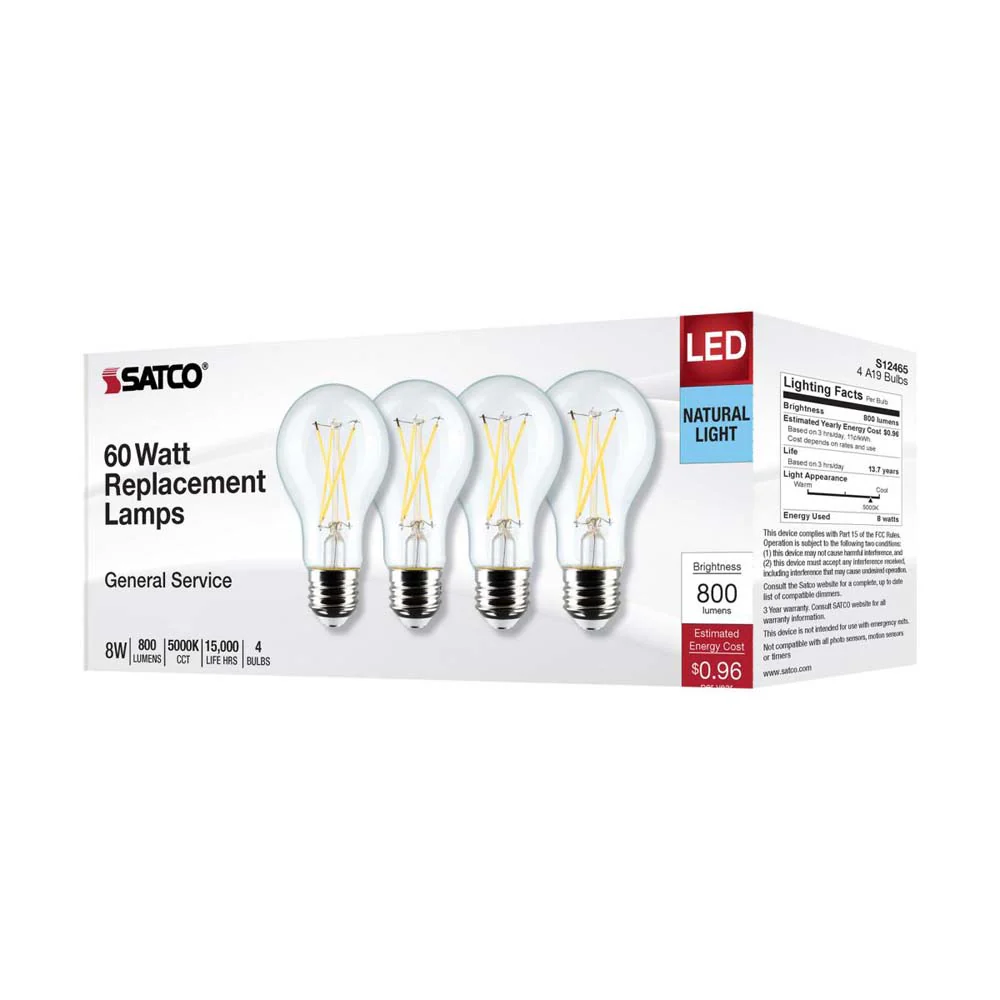 4Pk - 8W A19 LED Clear Natural Light 5000K Medium Base 120v - 60W equiv - Image 7