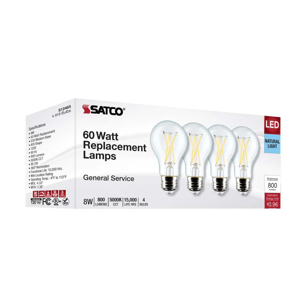 4Pk - 8W A19 LED Clear Natural Light 5000K Medium Base 120v - 60W equiv - Image 8