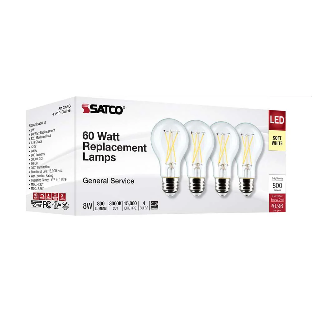 4Pk - 8W A19 LED Clear Soft White 3000K Medium Base 120v - 60W equiv - Image 3