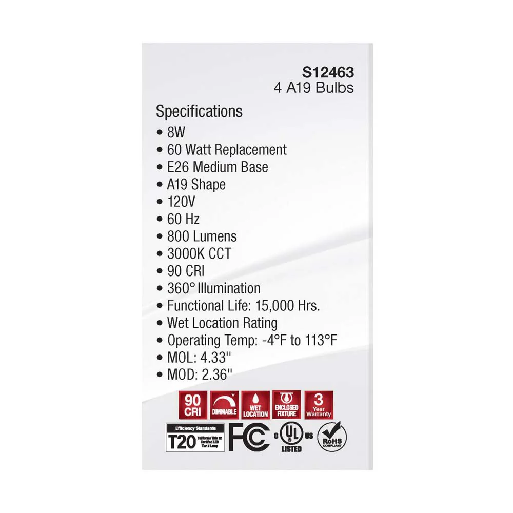 4Pk - 8W A19 LED Clear Soft White 3000K Medium Base 120v - 60W equiv - Image 4