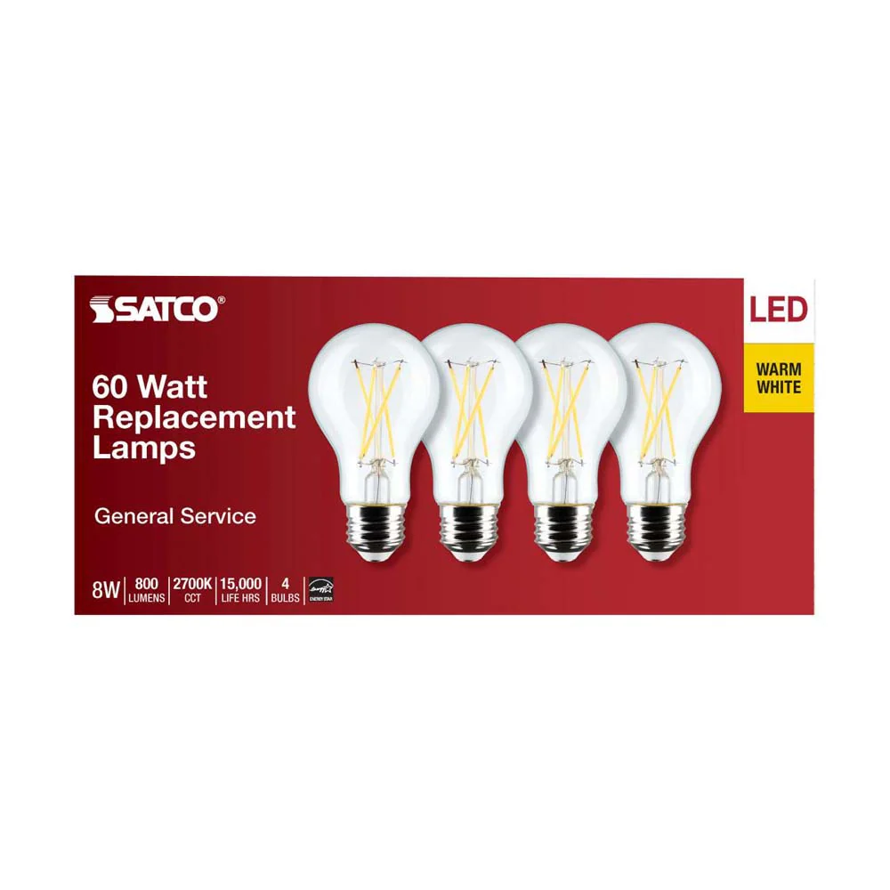 4Pk - 8W A19 LED Clear Warm White 2700K Medium Base 120v - 60W equiv - Image 4